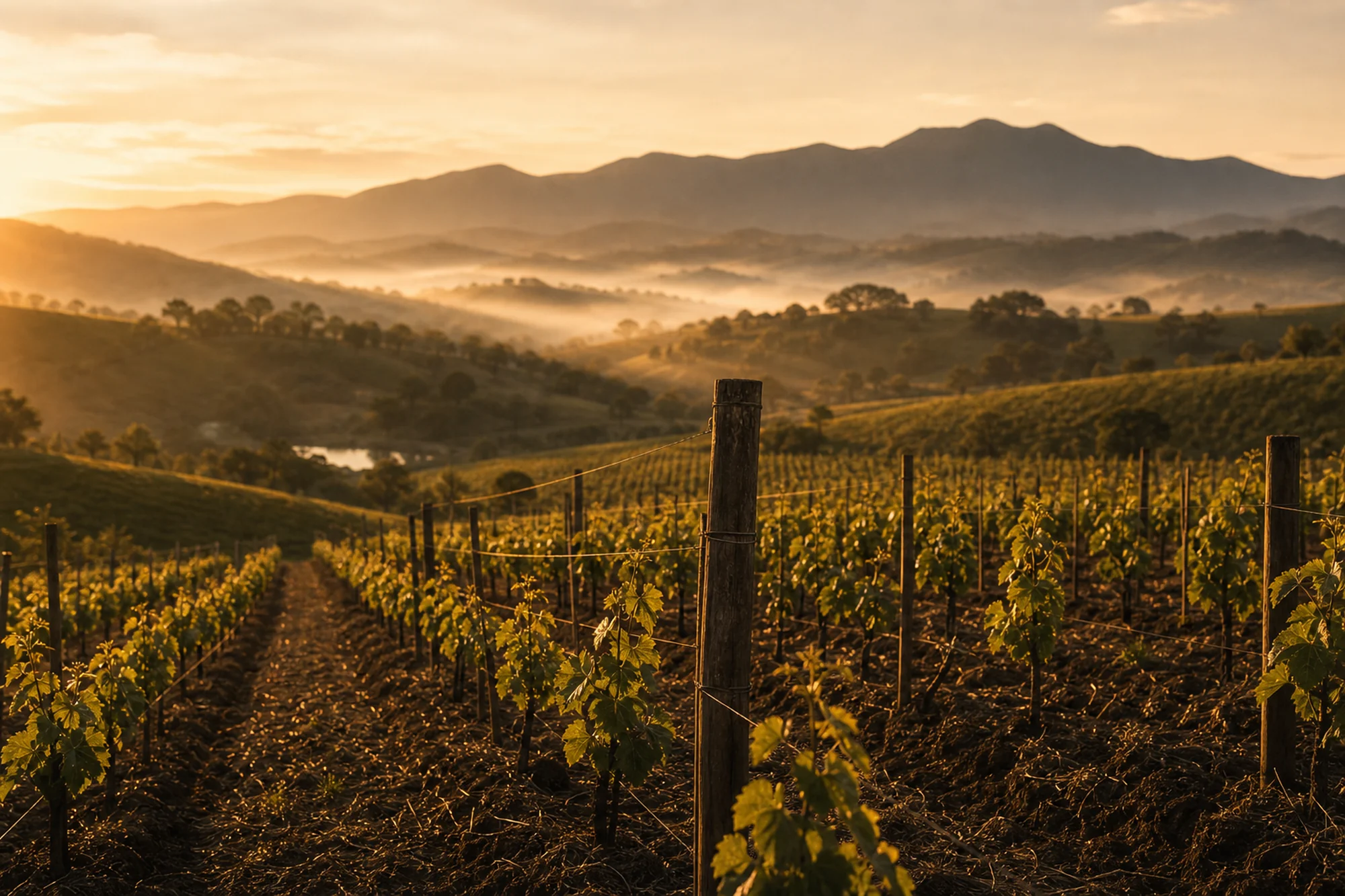 Vinhedo da Quinta da Juliana ao amanhecer, entre as colinas de Ritápolis