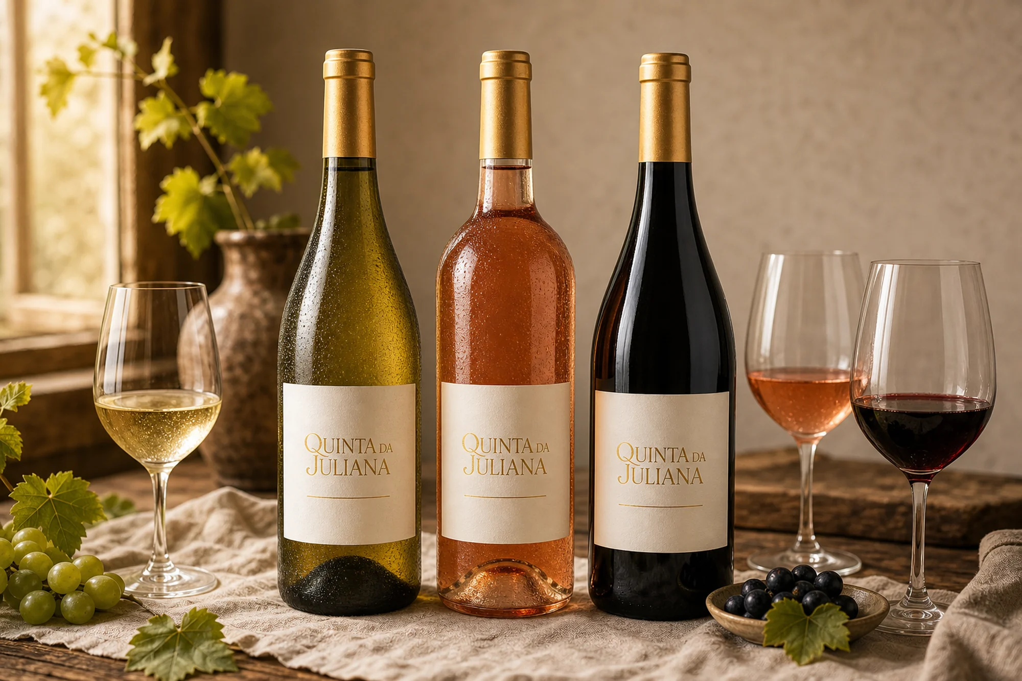 Os três vinhos da Quinta da Juliana: branco, rosé e tinto, lado a lado